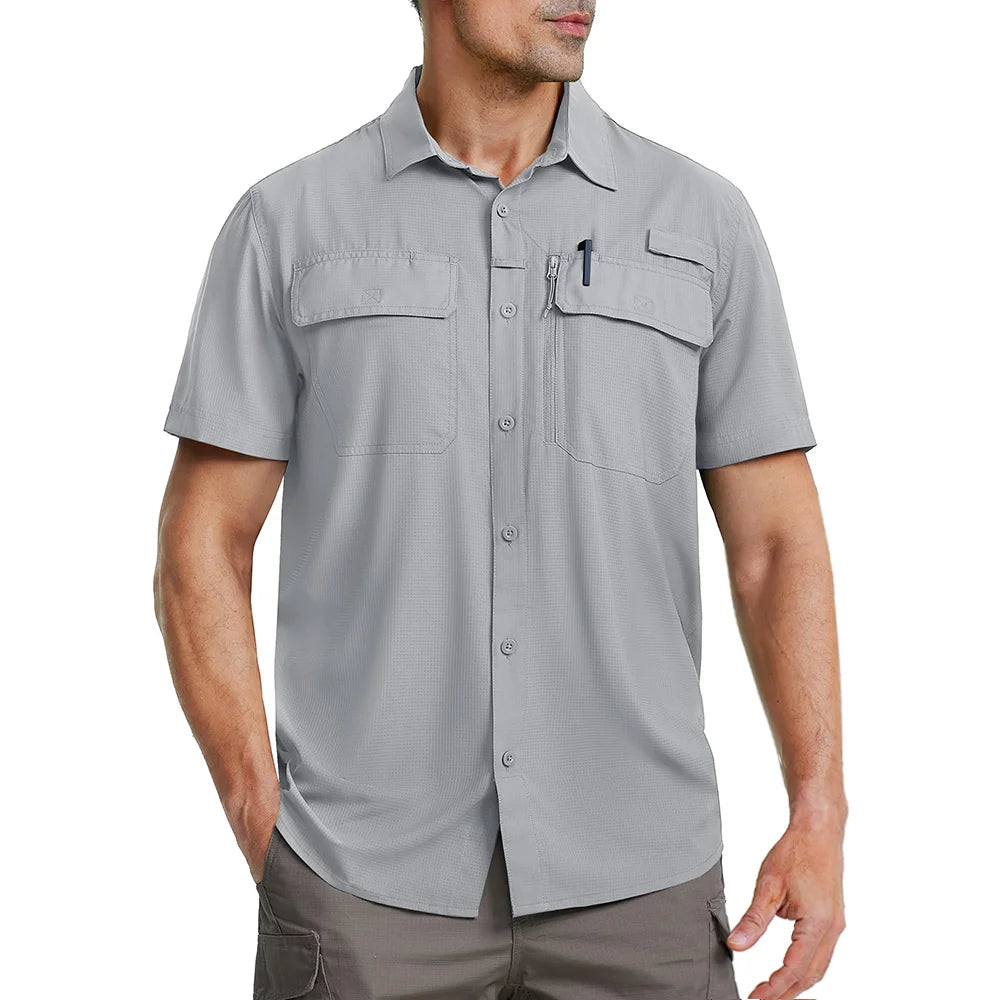 TACVASEN Quick Dry Short Sleeve Shirts Men's UPF 50+ Sun Protection Work Cargo Shirts Mesh Breathable Hiking Fishing Shirts Man